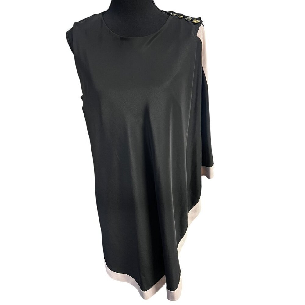 TED BAKER Black Sleeveless Asymmetrical Dress Women 4 Beige Trim Button Shoulder